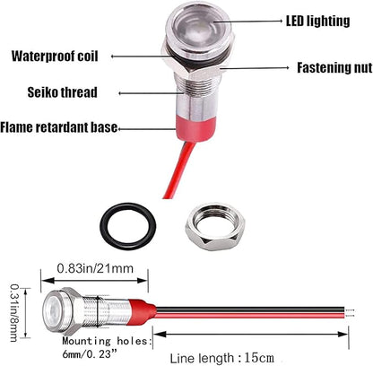 10pcs 6mm 1/4" AC/DC 12-24V LED Metal Indicator Light Pilot Dash Directional with Wire Waterproof Signal Lamp(White)