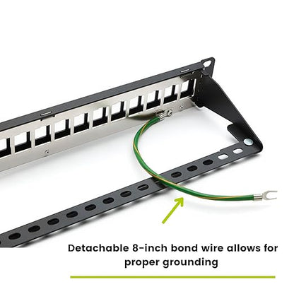 trueCABLE Shielded 24 Port 19” Toolless Modular Patch Panel, Blank, 1U Rack Mount, with Cable Management Bar and Ground Wire, High Density, Black