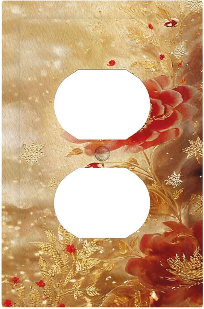 Decorative Outlet Covers Golden Leaf Red Peony Flowers Floral 1 Gang Duplex Light Switch Cover Plate Wall Plates for Electrical Outlets Switchplate Faceplate for Home Decor
