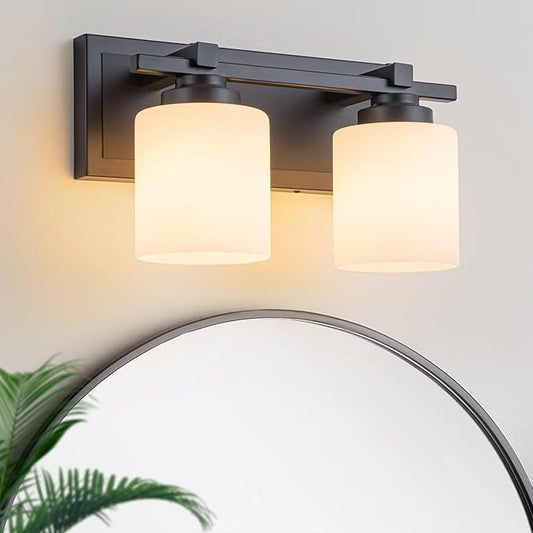 2 Light Modern Bathroom Light Fixtures Over Mirror, Black Vanity Lights for Bathroom Wall Sconces with Milky White Glass Shades, E26 Socket (Bulbs Not Included)
