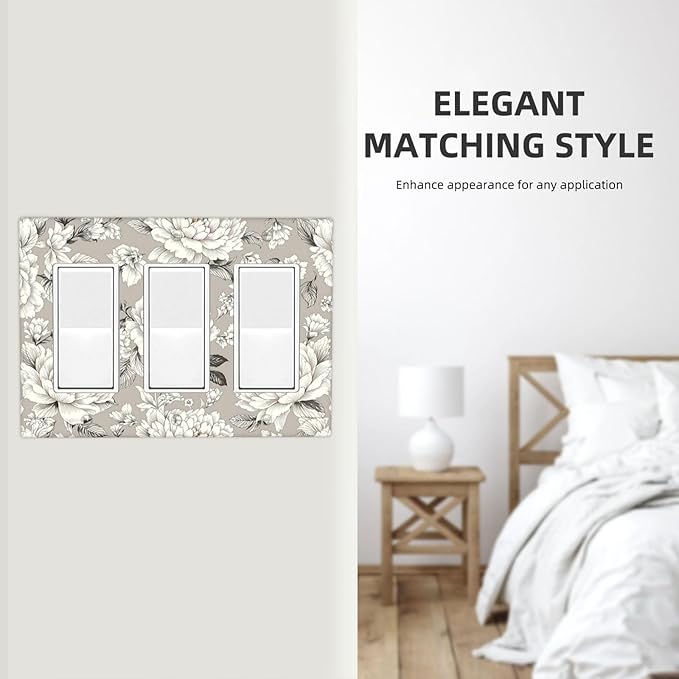 White Poppies Floral Modern Grey Peonies Flowers Light Switch Covers 3 Gang Rocker Decorative Triple Outlet Wall Plate Cover Electrical GFCI Switchplate for Bedroom Bathroom Decor