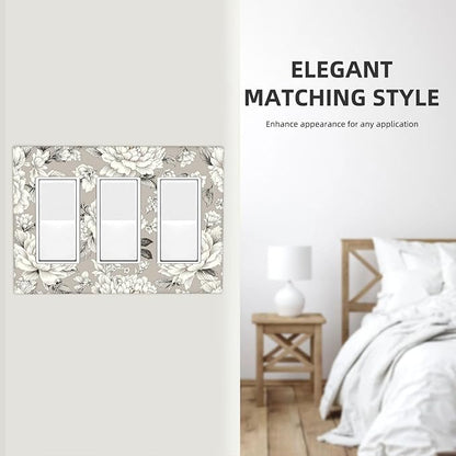White Poppies Floral Modern Grey Peonies Flowers Light Switch Covers 3 Gang Rocker Decorative Triple Outlet Wall Plate Cover Electrical GFCI Switchplate for Bedroom Bathroom Decor