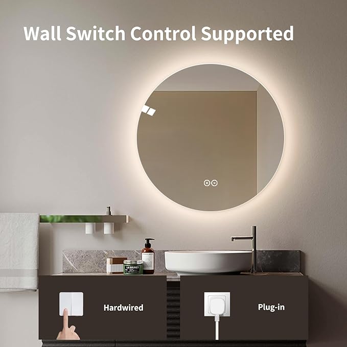 Round LED Bathroom Mirror with Light, Backlit Mirror for Bathroom, Frameless LED Smart Vanity Mirror with 3 Color Lights, Anti-Fog, Smart Touch Button, Shatter-Proof, IP65, 90+ CRI(28" L x 28" W)