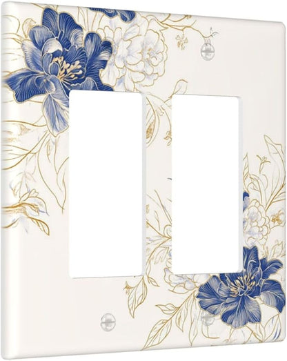 Decorative Outlet Covers Rustic Blue Flower Floral Gold Leaf 2 Gang Light Switch Cover Plate Double Rocker Wall Plates for Electrical Outlets Switch Plate Covers for Bedroom Home Decor