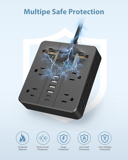 Power Strip Flat Plug with 12 Outlets 6 USB(2 USB C),SMNICE Surge Protector Charging Station with Overload Protection,5ft Extension Cord Widely Spaced Multiple Outlets for Home Office Dorm,Black