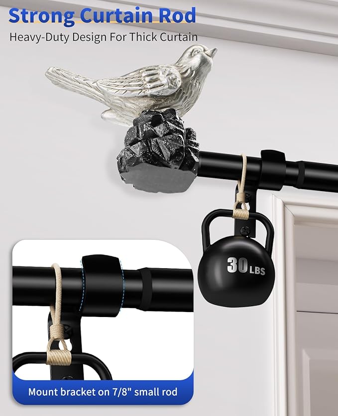 Vintage Pewter Curtain Rod 48 to 90 Inches Curtain Rods for Windows Adjustable Drapery Rod with Bird Finials Heavy Duty Curtains Rods for Living Room Bedroom