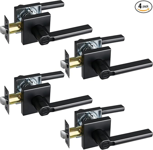 Privacy Door Lever, Heavy Duty Bathroom Bedroom Handle Lock, Keyless Interior Knobs, Matte Black, Reversible for Right&Left Handed, 4Packs