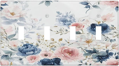 Light Switch Cover Plate Elegant Watercolor Pink Blue Flowers Floral Quad Toggle Wall Plates Decorative Switch Plates 4 Gang Outlet Covers Electrical Panel Cover Faceplate for Home Decor 4.5 X 8 IN