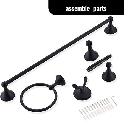 Matt Black Bathroom Accessory Set, Adjustable Towel Bar,Towel Ring,Toilet Paper Holder,Robe Hook 4-Piece Bathroom Hardware Set Wall Mounted (Matt Black)