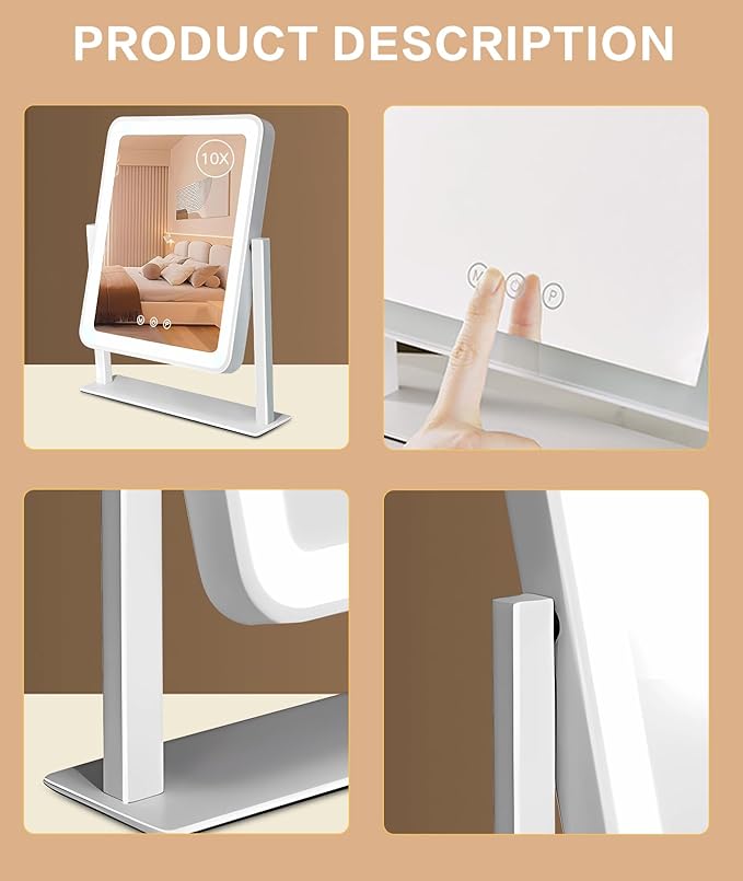 Lighted Makeup Mirror, Hollywood Vanity Mirror, 3 Color Lighting Modes, 360° Rotation, HD Glass Mirror, and 10X Magnification Mirror Smart Touch Control for Home & Travel (White)