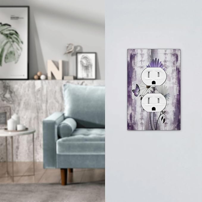 Purple Daisy White Floral Butterfly Flowers 1 Gang Duplex Receptacle Switch Wall Plate Decorative Switchplate Outlet Covers Electrical Plug Cover Faceplate for Bathroom Home Decor 5 X 3 IN