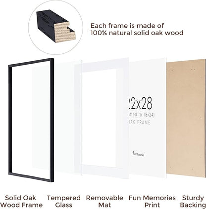 Fun Memories 22x28 Picture Frame Black 2 Pack, 22"x28" Oak Wood Frames for Wall, Rustic Poster Frames 22 x 28, 22x28 Matted Frame to 18x24, Tempered Real Glass, 22 by 28 Art Frame