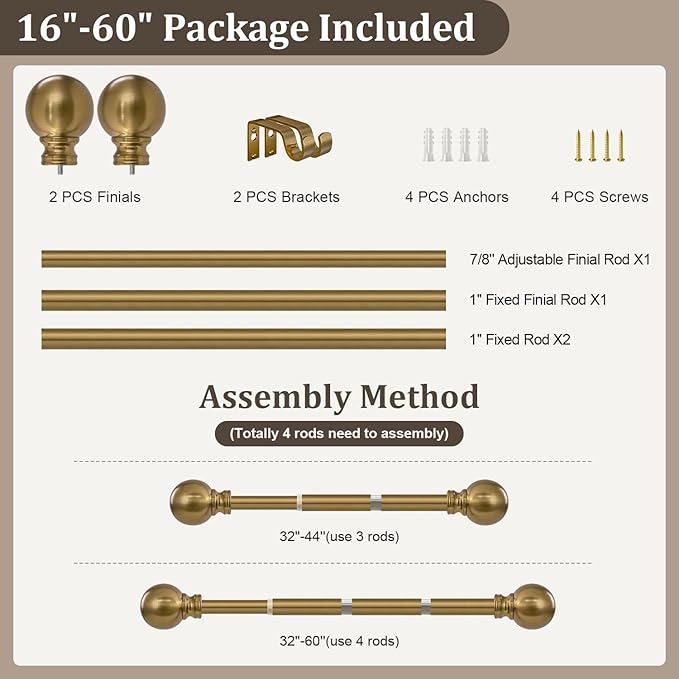 Warm Gold Curtain Rods for Windows 28 to 48 Inch 1" Diameter Adjustable Heavy Duty Brass Window Curtain Rod with Metal Finials for Living Room Bedroom Farmhouse Kitchen Outdoor