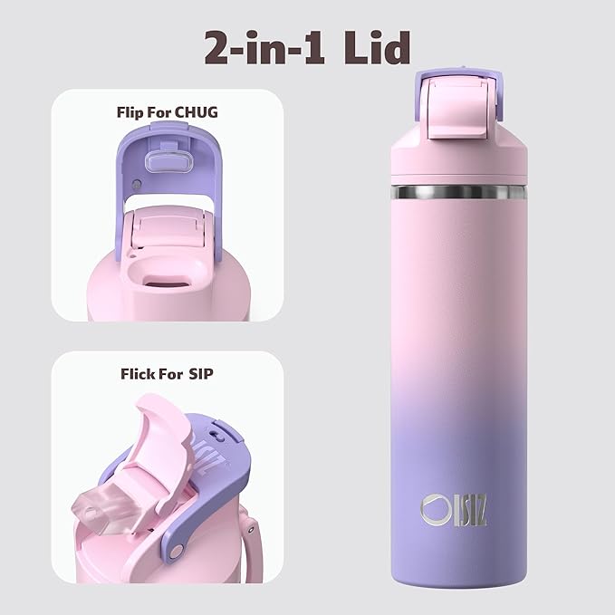 OISIZ Insulated Water Bottle 24 oz with 2 in 1 Spout and Straw Lid,One Click Safety Lock,100% Leakproof,Keep Cold 24H,Vacuum Stainless Steel Water Bottle for School,Travel and Sports,Dishwasher Safe