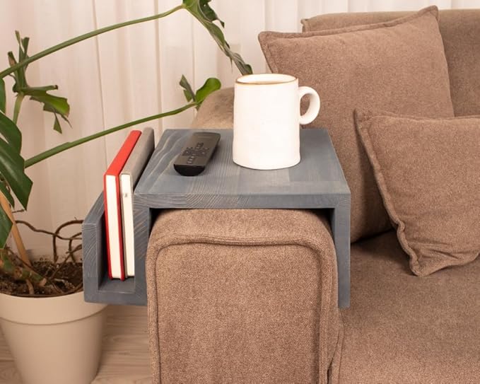 Wooden Couch Arm Tray – Sofa Armrest Table with Book & Magazine Holder, Perfect for Coffee & Remote Control, Solid Wood (Monaco)
