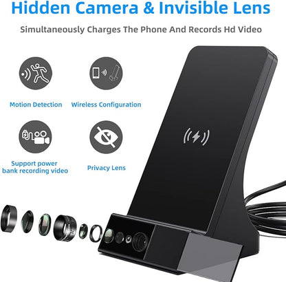 LIZVIE Phone Charger, 120° Wide-Angle View App Control/Motion Detection/Night Vision/Loop SD Storage Wireless Charging 2.4G WiFi Nanny Cam for Office Indoor Security.
