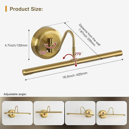 JOOSENLUX Gold Picture Lights for Paintings Hardwired 16.5" Inch Long Dimmable Gallery Wall Lights with Adjustable Lighting Direction 110V 3000K