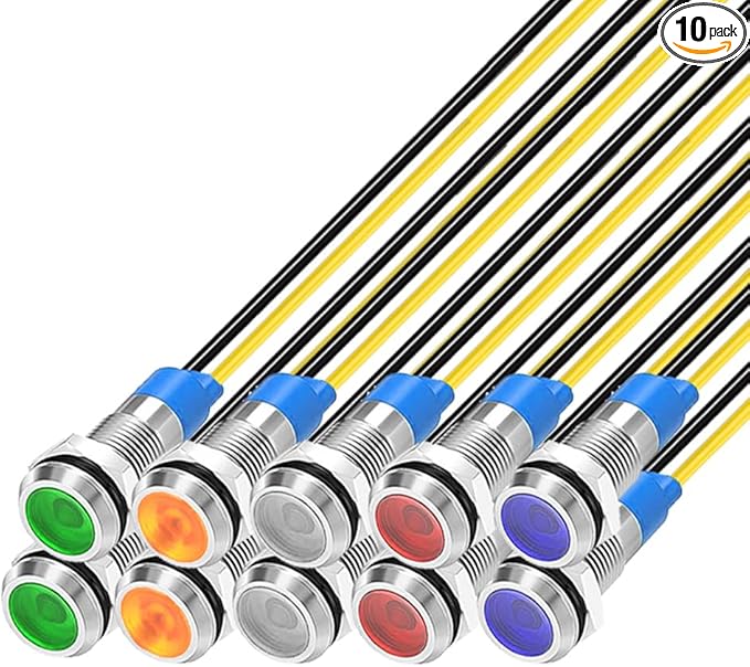 10Pcs 6mm 110V-220VAC LED Metal Indicator Light Waterproof Signal Lamp (Green/Orange/Red/Blue/White,Each 2pcs)