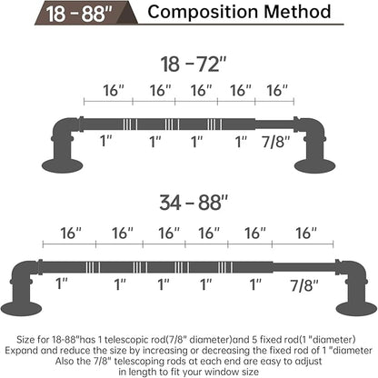 Industrial Curtain Rods 18 to 88 in,Blackout Curtain Rod,Adjustable Length,1 in Diameter Pipe,Wall or Ceiling Mounted,for Bedroom and Living Room (Antique Brass18” to 88”)
