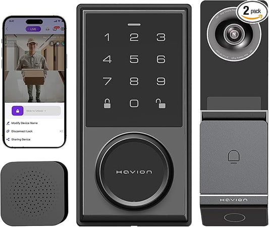 Wireless Video Doorbell w/ Smart Lock Set - Incl. Chime, Dual Cameras, 5MP 3K QHD, 2'' Screen & 32GB eMMC, Motion Detection & Real-time Alert, 2-way Audio, Door Bell and Keyless Entry Front Door Lock
