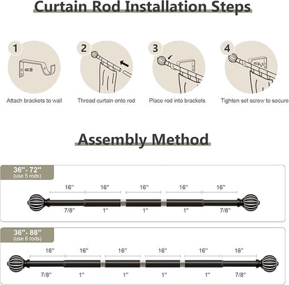 Black Curtain Rods for Windows 48 to 84 Inch, 1'' Adjustable Heavy Duty Curtain Rod，Vintage Decorative Drapery Rods with Pumpkin Finials for Bedroom Living Room