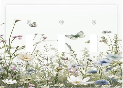 Colorful Wildflowers Daisy Plant Butterfly Floral Decorative Switch Plates 3 Gang Wall Plate Triple Toggle Light Switch Cover Faceplate Electrical Wall Panels for Bed Room Living Room Decor