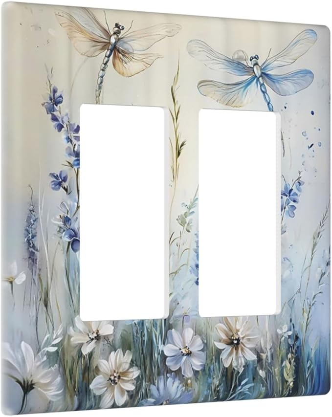 Decorative Outlet Covers Watercolor Dragonfly Blue Wihte Flower 2 Gang Light Switch Cover Plate Double Rocker Wall Plates for Electrical Outlets Switch Plate Covers for Bedroom Home Decor