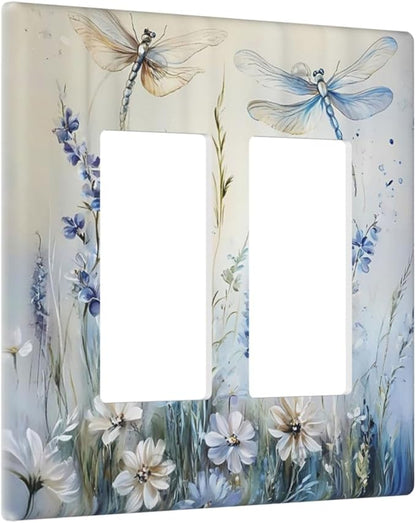 Decorative Outlet Covers Watercolor Dragonfly Blue Wihte Flower 2 Gang Light Switch Cover Plate Double Rocker Wall Plates for Electrical Outlets Switch Plate Covers for Bedroom Home Decor