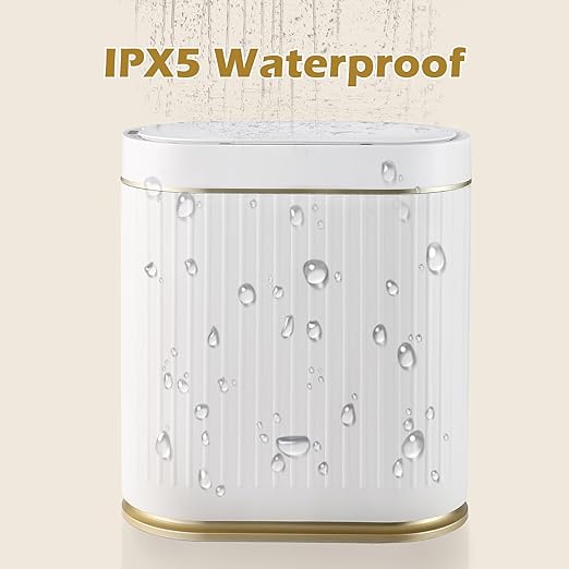 ELPHECO Bathroom Trash Can with Lid 2 Gallon Motion Sensor Garbage Can 7.5 Liter Small Trash can Touchless Bathroom Decor Waterproof Smart Waste Bin with Stripes for Bedroom, Office (White-Golden)