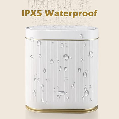 ELPHECO Bathroom Trash Can with Lid 2 Gallon Motion Sensor Garbage Can 7.5 Liter Small Trash can Touchless Bathroom Decor Waterproof Smart Waste Bin with Stripes for Bedroom, Office (White-Golden)