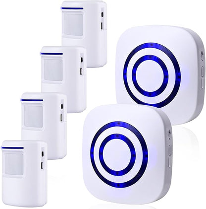 Motion Sensor Alarm, Long Range Wireless Driveway Alarm, Indoor Home Security System Electric Doorbells, 4 Motion Detector and 2 Alarm, 38 Chime Tunes, LED Indicator