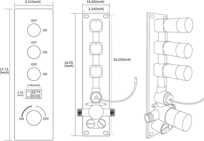 Triple Function Shower Diverter Digital Display Shower Mixer Valve Kit Replacement Temperature Control Valve with Individual On Off Flow Control Shower Valve, Brushed Nickel