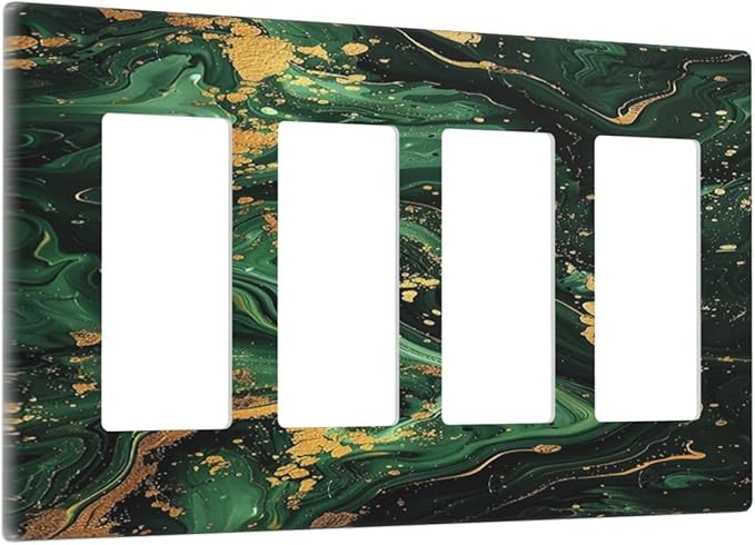 Green/Gold Modern Abstract Luxury Marble 4 Gang Wall Plates Outlet Covers Quad Rocker Light Switch Cover Plate Decorative Switch Plates GFCI Electrical Faceplate for Bathroom Bedroom 4.5 X 8 IN