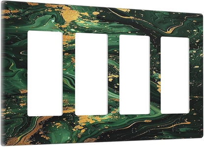 Green/Gold Modern Abstract Luxury Marble 4 Gang Wall Plates Outlet Covers Quad Rocker Light Switch Cover Plate Decorative Switch Plates GFCI Electrical Faceplate for Bathroom Bedroom 4.5 X 8 IN