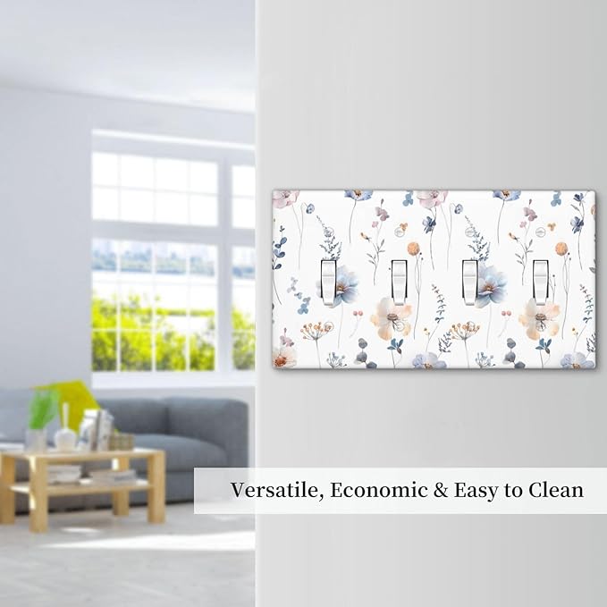 Wildflowers Plant Leaves Floral Berry Light Switch Covers Quad Toggle Electrical Faceplate 4 Gang Wall Plate Decorative Switch Plates for Bed Room Living Room Decor