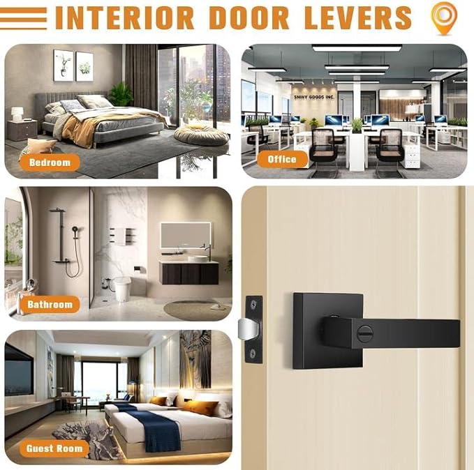 Probrico Interior Black Door Handle, Heavy Duty, Flat Square Privacy Door Handles, Keyless Door Levers Lockset for Bedroom and Bathroom (6 Pack, Modern)