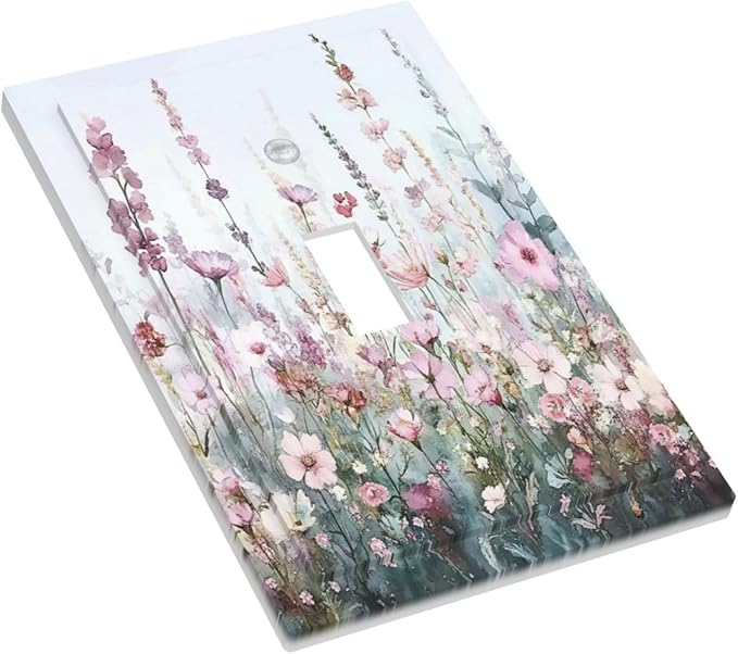 Pink Floral Watercolor Botanical Wildflowers Decorative Light Switch Cover 1 Gang Single Toggle Device Electrical Faceplate Switchplates Decorator Outlet Wall Plate For Bed Room Living Room Decor