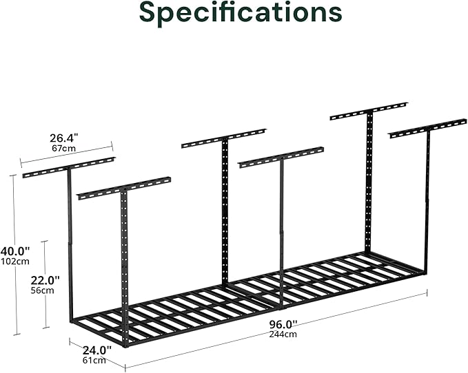 SunsGrove 2x8 Garage Storage Overhead Rack Organization, Adjustable Ceiling Mounted Storage Racks, 800LBS Weight Capacity, 22"-40" Ceiling Dropdown, 2 Pcs, Hammertone Black