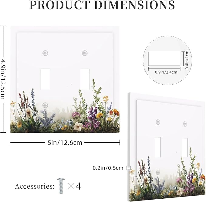 Decorative Switch Plate Covers White Background Colorful Flowers Plants Green Leaves 2 Gang Double Toggle Light Switch Cover Plate Electrical Wall Plate Outlet Cover for Bedroom Home Decor