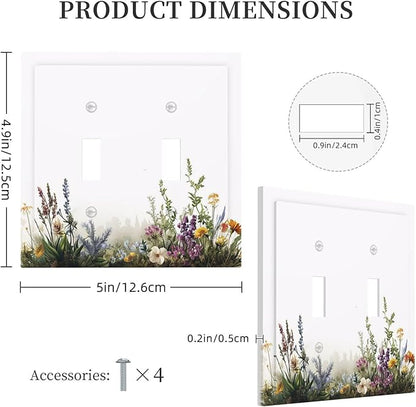 Decorative Switch Plate Covers White Background Colorful Flowers Plants Green Leaves 2 Gang Double Toggle Light Switch Cover Plate Electrical Wall Plate Outlet Cover for Bedroom Home Decor