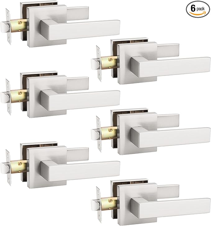 KNOBWELL 6 Pack Brushed Nickel Interior Door Knob, Heavy Duty Passage Lever Door Handle for Closet Hallway Satin Nickel Indoor Door Handle(No Lock)