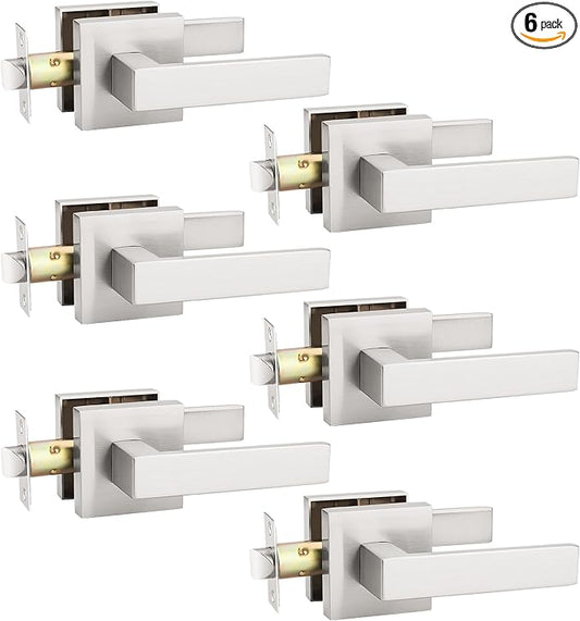 KNOBWELL 6 Pack Brushed Nickel Interior Door Knob, Heavy Duty Passage Lever Door Handle for Closet Hallway Satin Nickel Indoor Door Handle(No Lock)