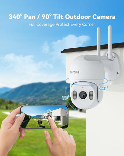 blurams 2K Security Camera Outdoor, Pan-Tilt Outdoor Camera Wired w/360° View, Motion Tracking, 2.4/5GHz WiFi 6, 2-Way Audio, Weatherproof, Free Person/Motion Detection, 24/7 Recording 2Pack