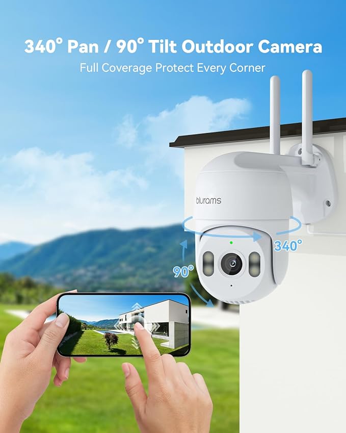 blurams 2K Security Camera Outdoor, 360° PTZ Outside Cameras for Home Security, Color Night Vision, Motion Tracking, Two-Way Audio, IP66, 2.4GHz Camera with 64GB SD Card, Compatible with Alexa