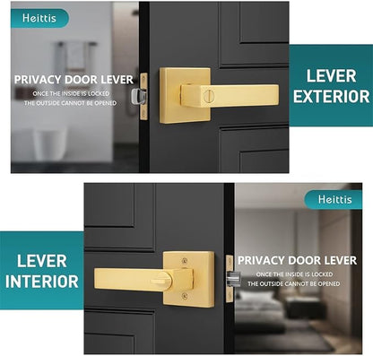 1 Pack Privacy Gold Door Knob, Square Stain Brass Door Knob for Bathroom,Gold Door Handle Interior Locked Inside with Turn Thumb Left/Right Handed Reversible,Keyless