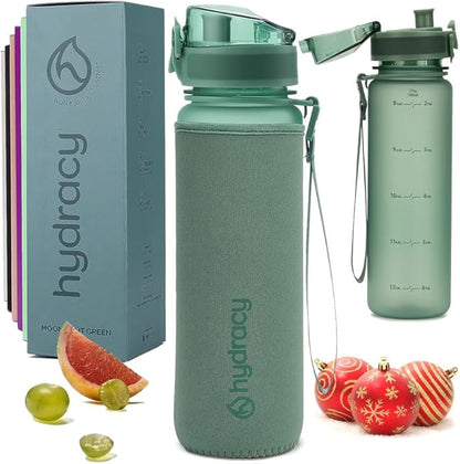 Hydracy Water Bottle with Time Marker -Large BPA Free Water Bottle & No Sweat Sleeve -Leak Proof Gym Bottle with Fruit Infuser Strainer & Times to Drink -Ideal for Fitness Sports & Outdoors