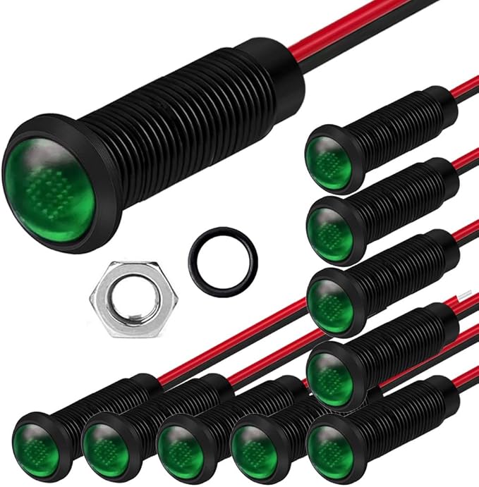 10pcs LED Plastic Indicator Pilot Light AC/DC 12-24V Mounting Hole Size 6mm(Green)