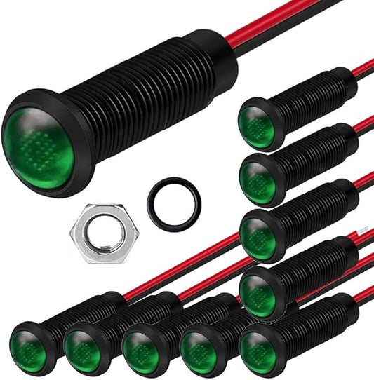 10pcs LED Plastic Indicator Pilot Light AC/DC 12-24V Mounting Hole Size 6mm(Green)