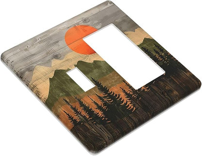 Outlet Covers Vintage Wood Grain Sun Forest Mountains 1 Toggle 1 Rocker Combination Decorative Wall Plate Electrical Switch Plates Light Switch Cover Plate for Farmhouse Cabin Decor