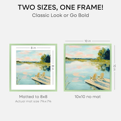 Homeforia 10x10 Picture Frame Sage Green, High End Metal 10 by 10 Square Frames with Mat 8 x 8 Photo, 10by10 Poster Frame Matted to 8x8 Art, Wall or Tabletop Frames, Tempered Glass, Wall Kit, Set of 2